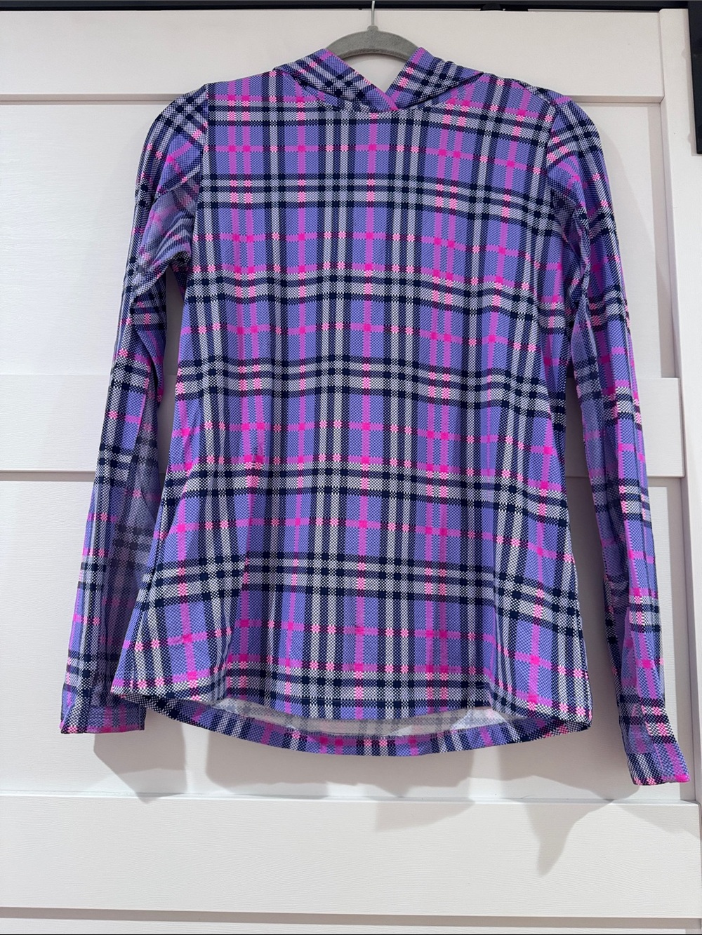 IBKUL Purple, Pink and Black Plaid Hooded Performance Top